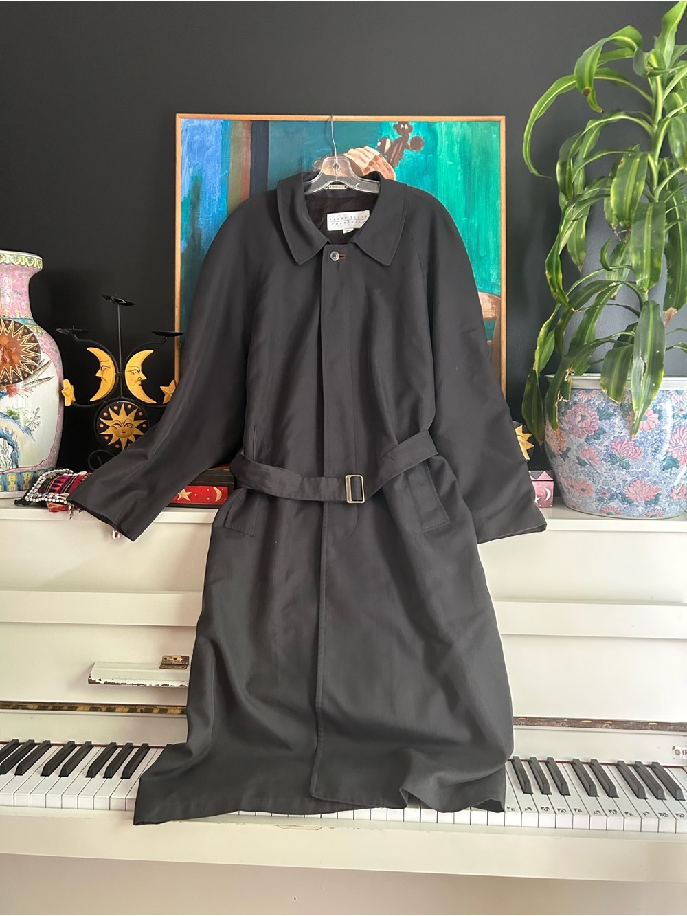 Perry Ellis Portfolio Men’s 40R Black Belted Trench Coat Long Raincoat Classic